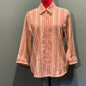 Southern Lady Coral and Green Stripe Cotton Shirt Size Medium